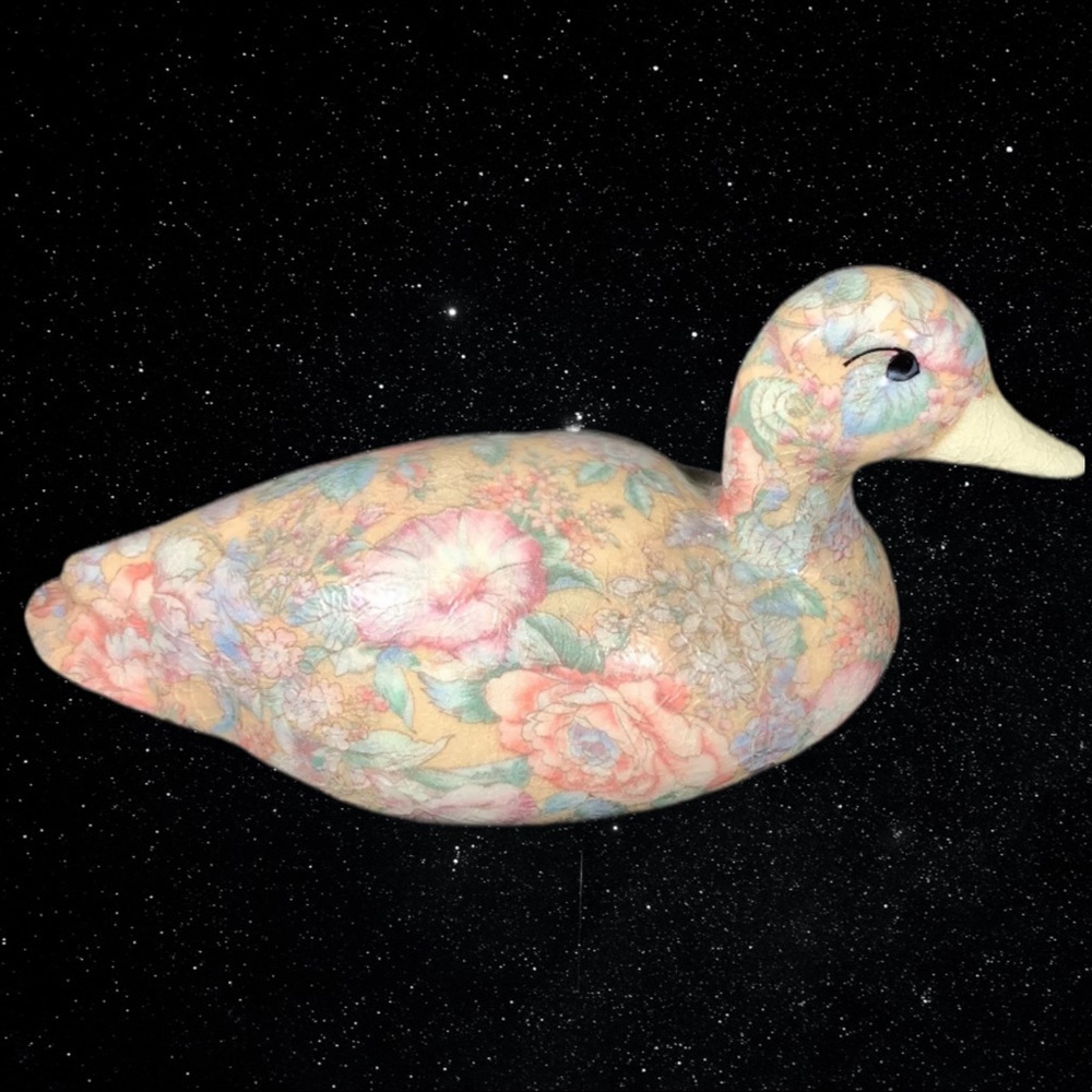 Vintage Decorative Ceramic Duck Decoy Floral Decoupage Display 4”T 10.5”W